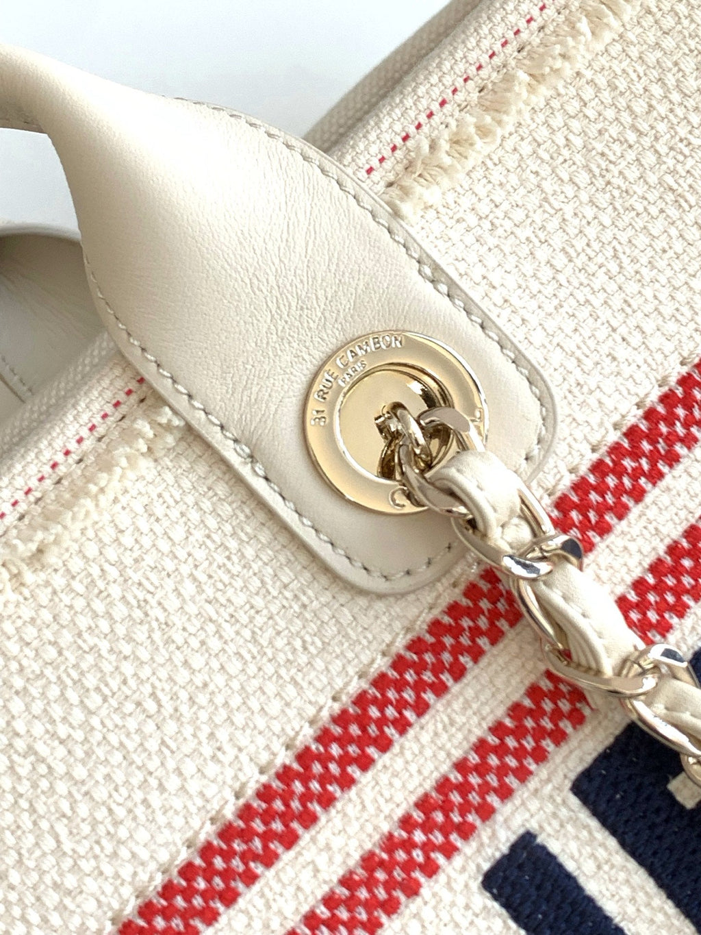 CHANEL SHOPPING BAG 38 IN WHITE RED AND NAVY BLUE CANVAS