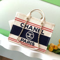 CHANEL SHOPPING BAG 38 IN WHITE RED AND NAVY BLUE CANVAS