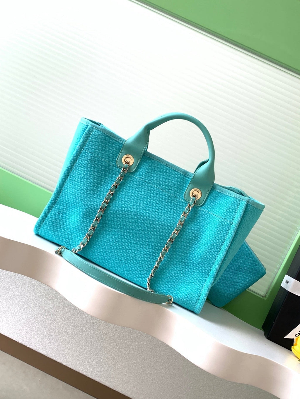 CHANEL 25S TOTE BAG 33 IN TURQUOISE BLUE CANVAS
