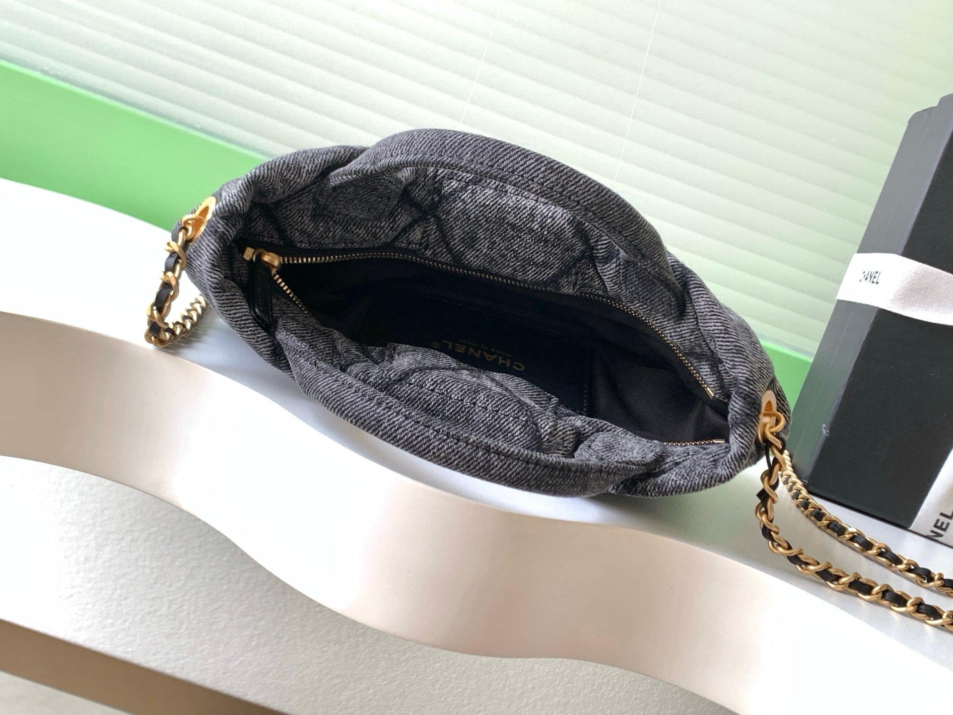 CHANEL 25S MAXI BOW BAG 26 IN DARK GREY DENIM WITH GOLD HARDWARE