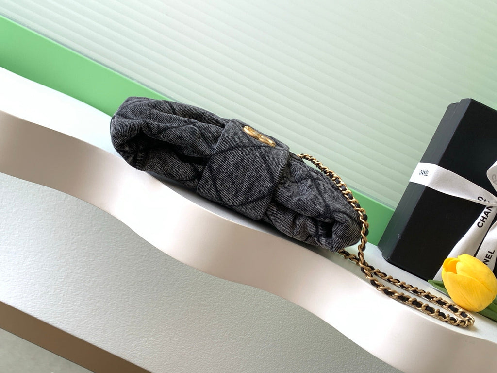 CHANEL 25S MAXI BOW BAG 26 IN DARK GREY DENIM WITH GOLD HARDWARE