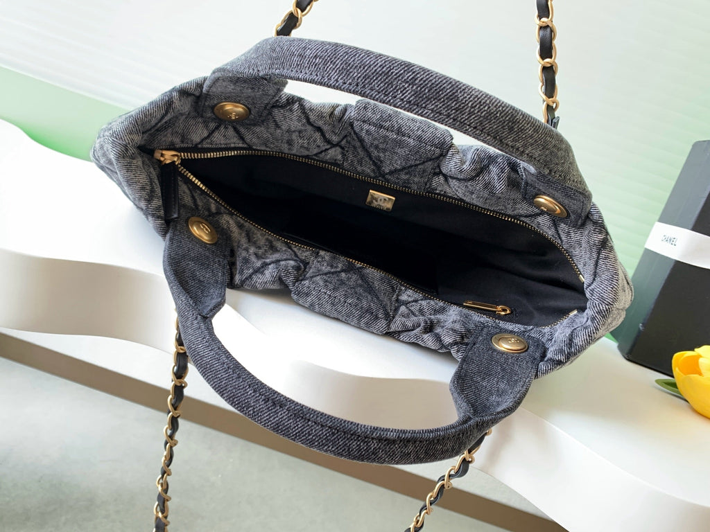 CHANEL 25S MAXI BOW BAG 38 IN DARK GREY DENIM WITH GOLD HARDWARE