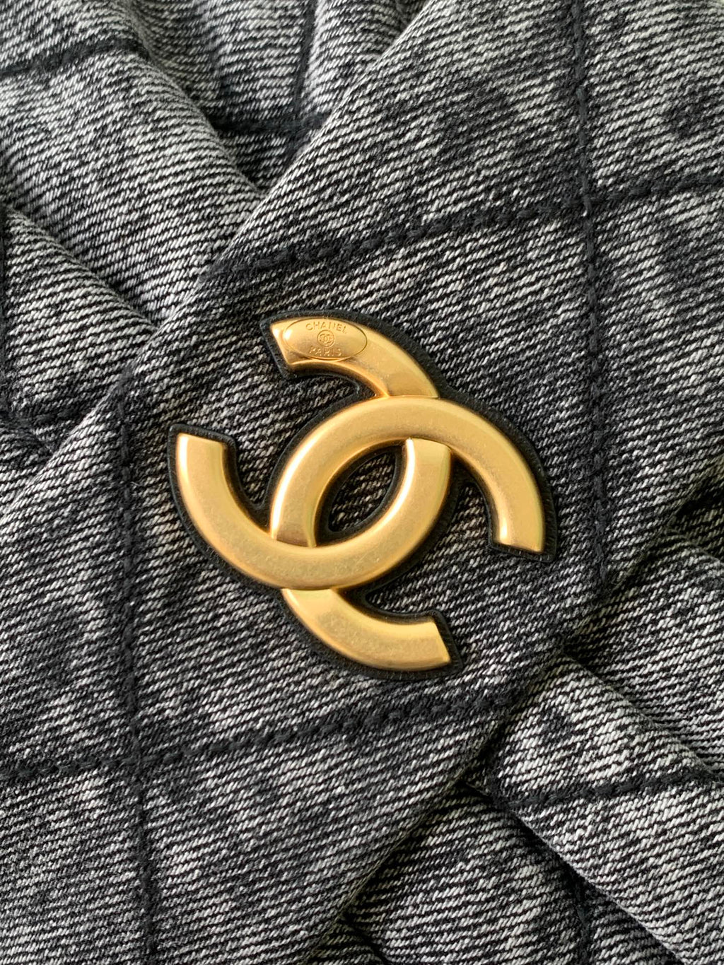 CHANEL 25S MAXI BOW BAG 38 IN DARK GREY DENIM WITH GOLD HARDWARE