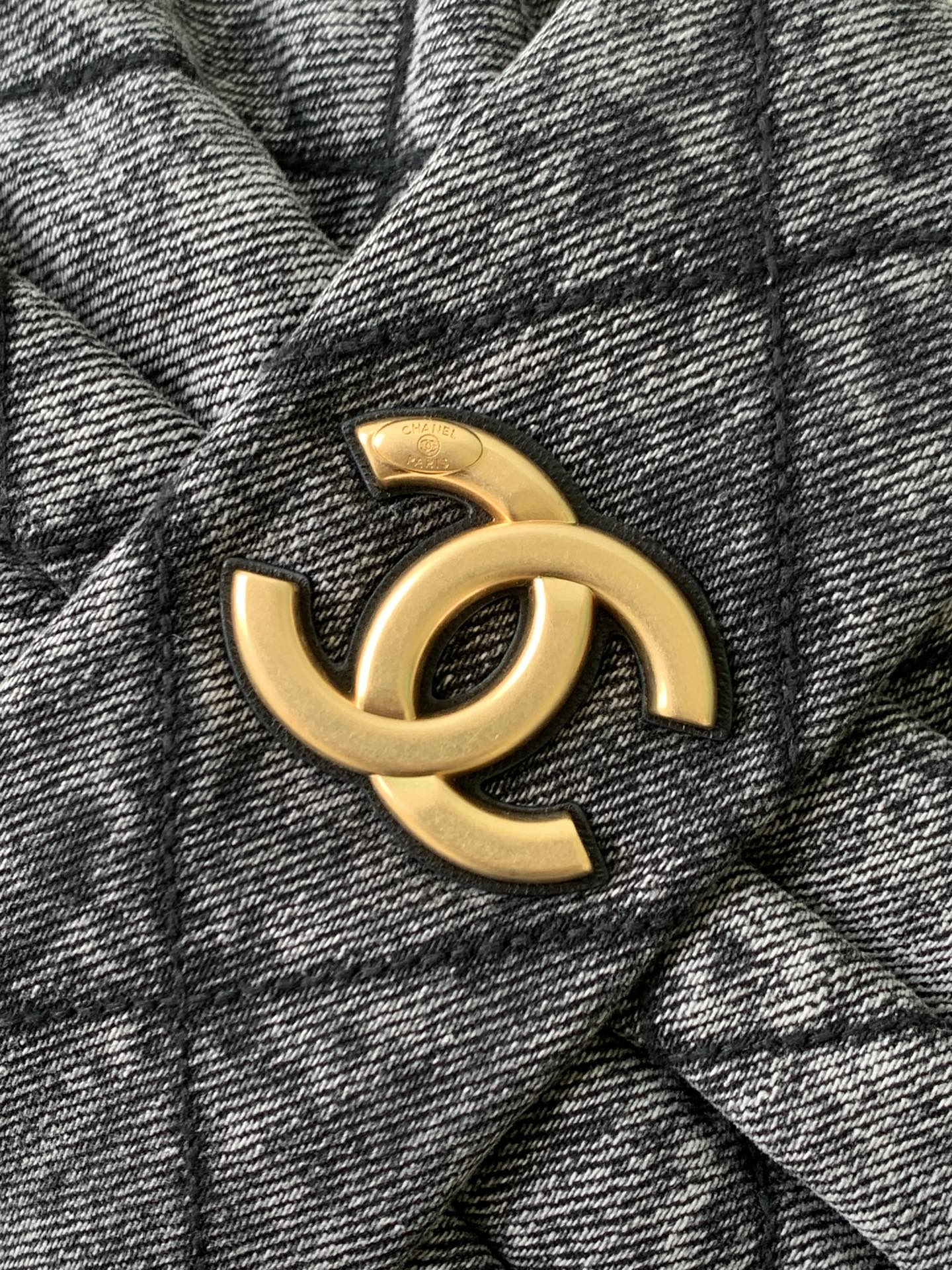 CHANEL 25S MAXI BOW BAG 38 IN DARK GREY DENIM WITH GOLD HARDWARE