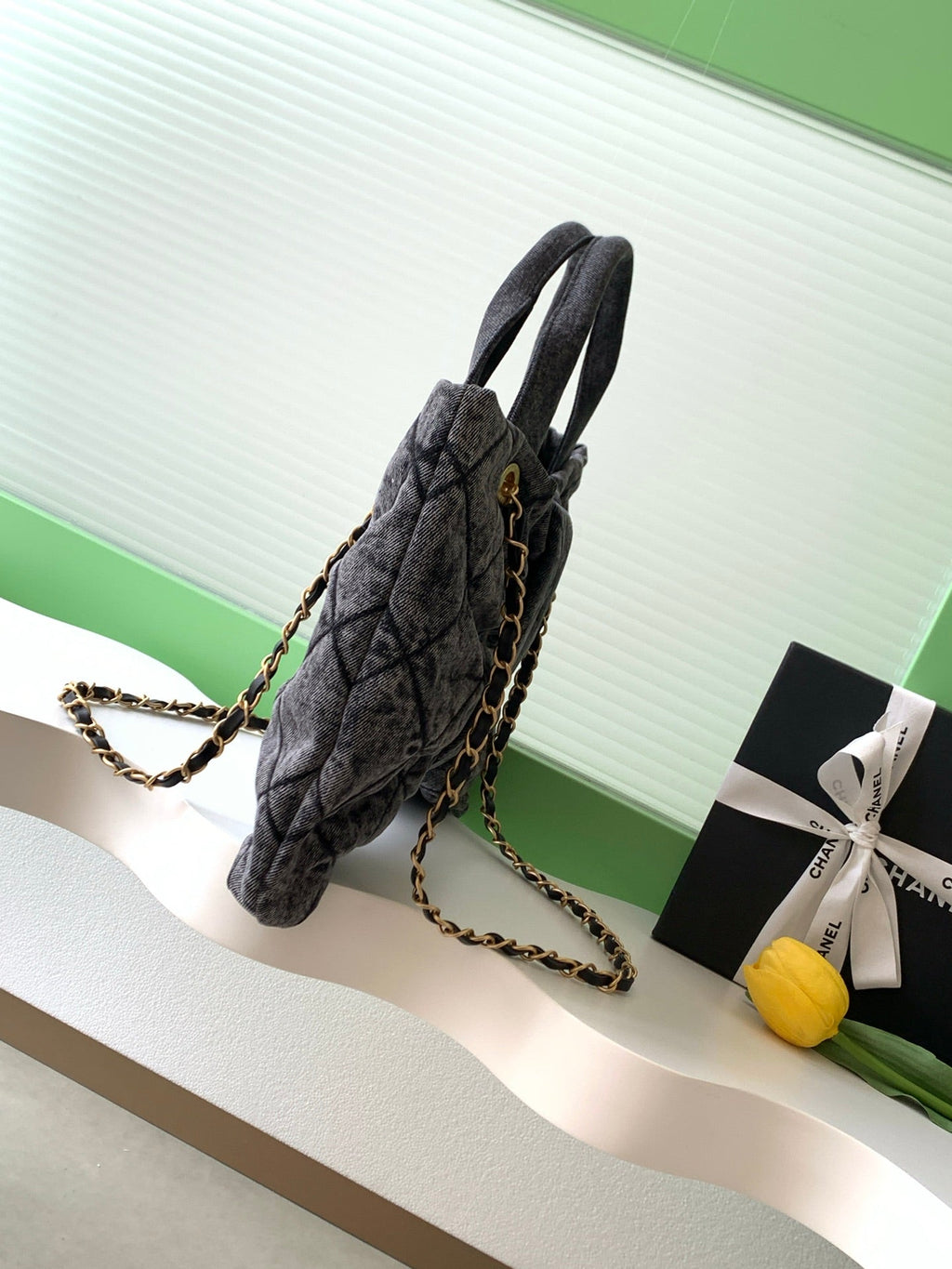 CHANEL 25S MAXI BOW BAG 38 IN DARK GREY DENIM WITH GOLD HARDWARE