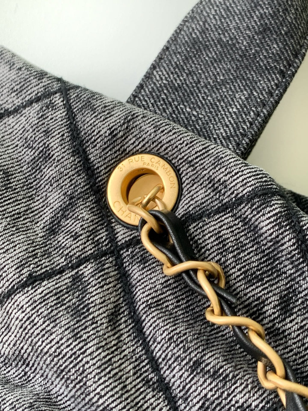 CHANEL 25S MAXI BOW BAG 38 IN DARK GREY DENIM WITH GOLD HARDWARE