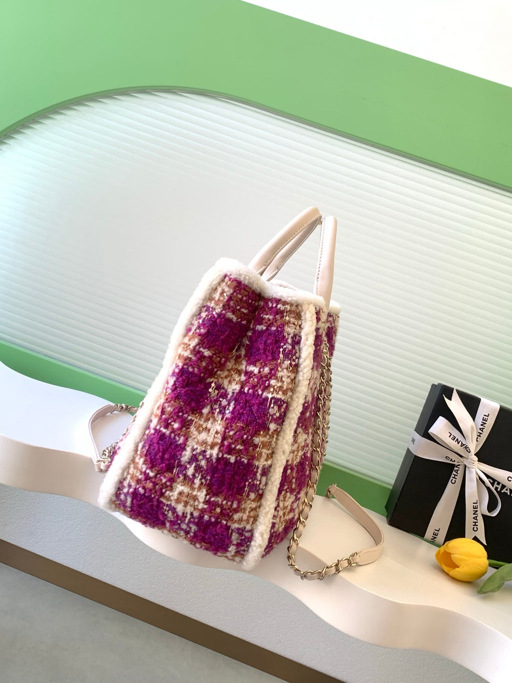 CHANEL 25S SHOPPING BAG 40 IN DARK PINK MIX WHITE TWEED