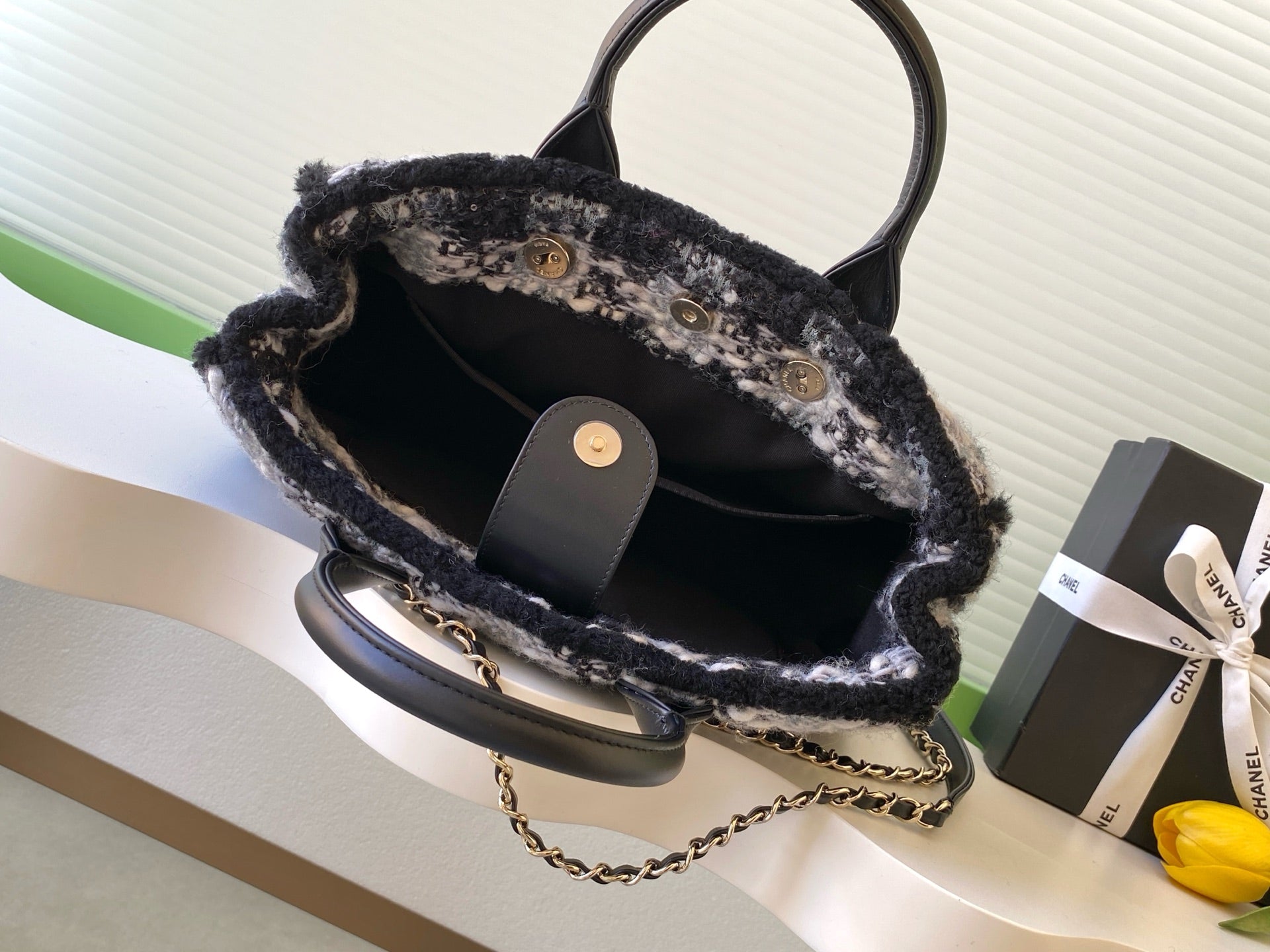 CHANEL 25S SHOPPING BAG 34 IN BLACK MIX GREY TWEED