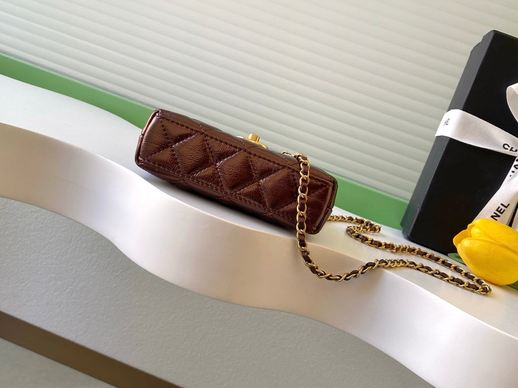 CHANEL 25S MINI KELLY BAG 13 IN BROWN METALLIC LAMBSKIN WITH GOLD HARDWARE