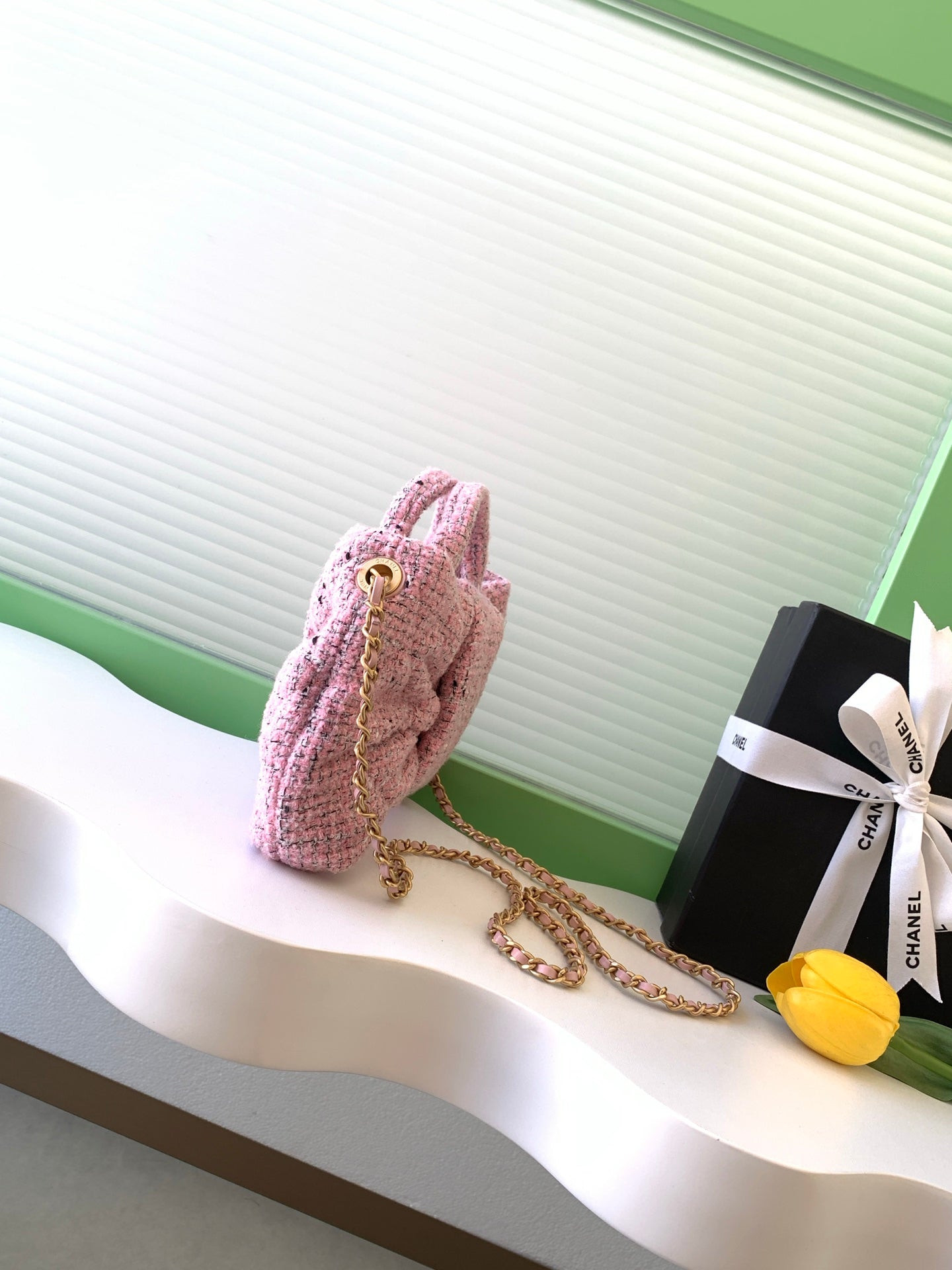 CHANEL 25S BOW BAG 26 IN PINK TWEED WITH GOLD HARDWARE