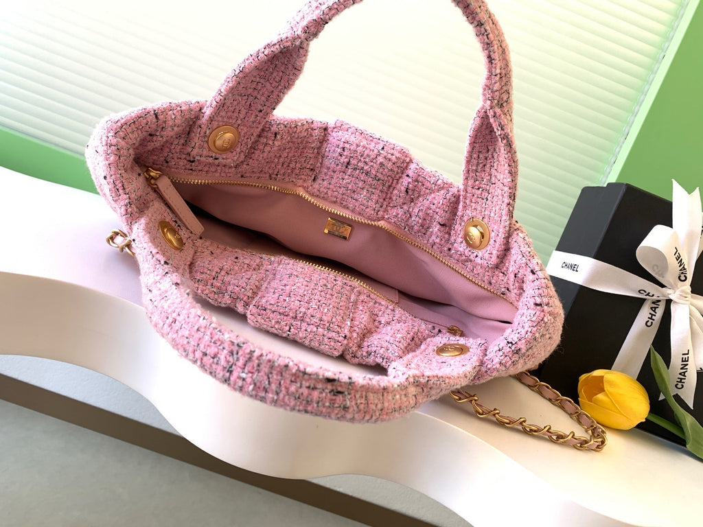 CHANEL 25S BOW BAG 38 IN PINK TWEED WITH GOLD HARDWARE