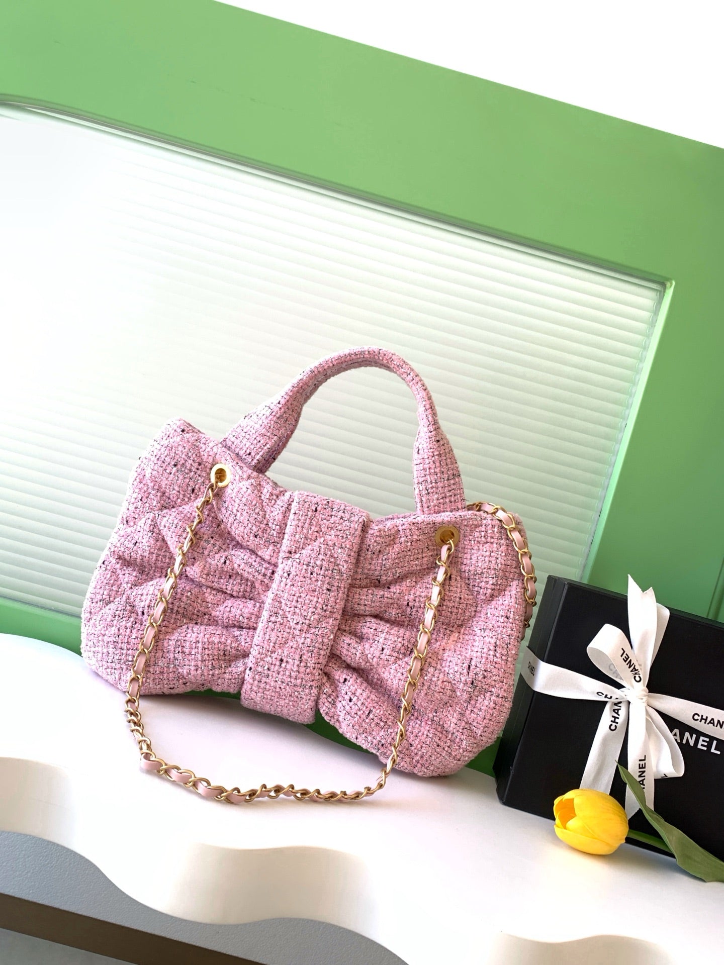 CHANEL 25S BOW BAG 38 IN PINK TWEED WITH GOLD HARDWARE