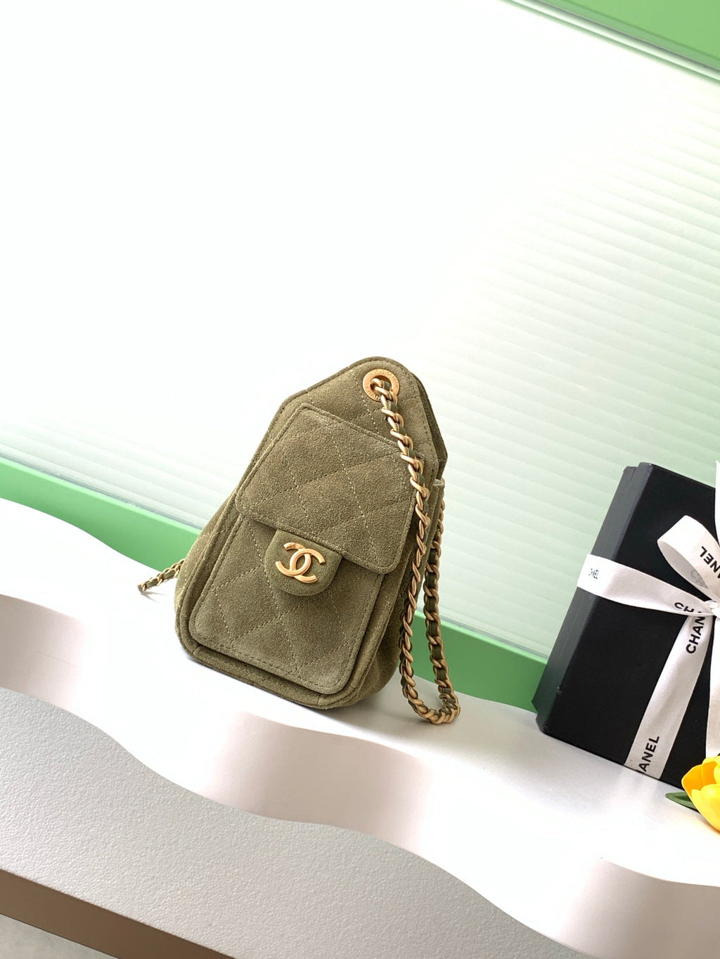 CHANEL 25S HOBO BAG 22 IN MOSS GREEN SUEDE WITH GOLD HARDWARE