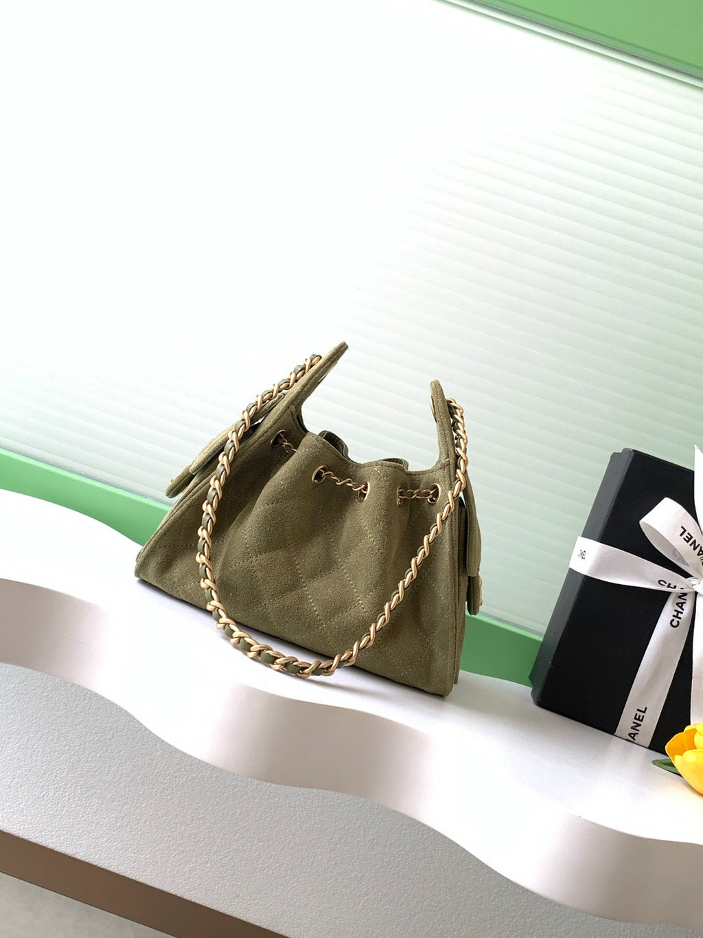 CHANEL 25S HOBO BAG 22 IN MOSS GREEN SUEDE WITH GOLD HARDWARE