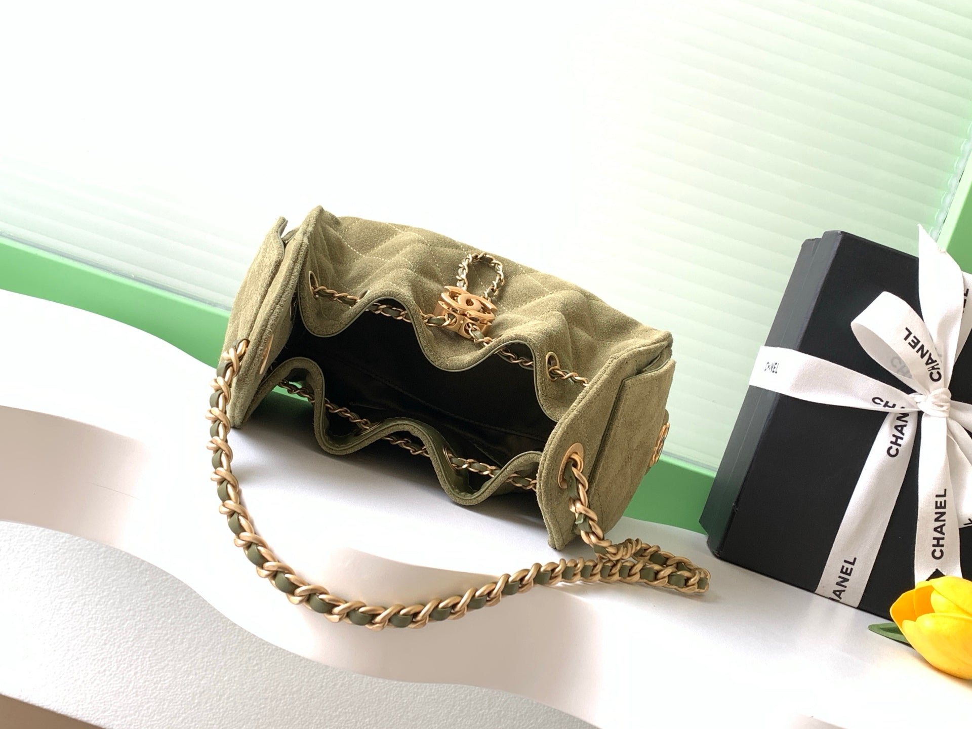 CHANEL 25S HOBO BAG 22 IN MOSS GREEN SUEDE WITH GOLD HARDWARE