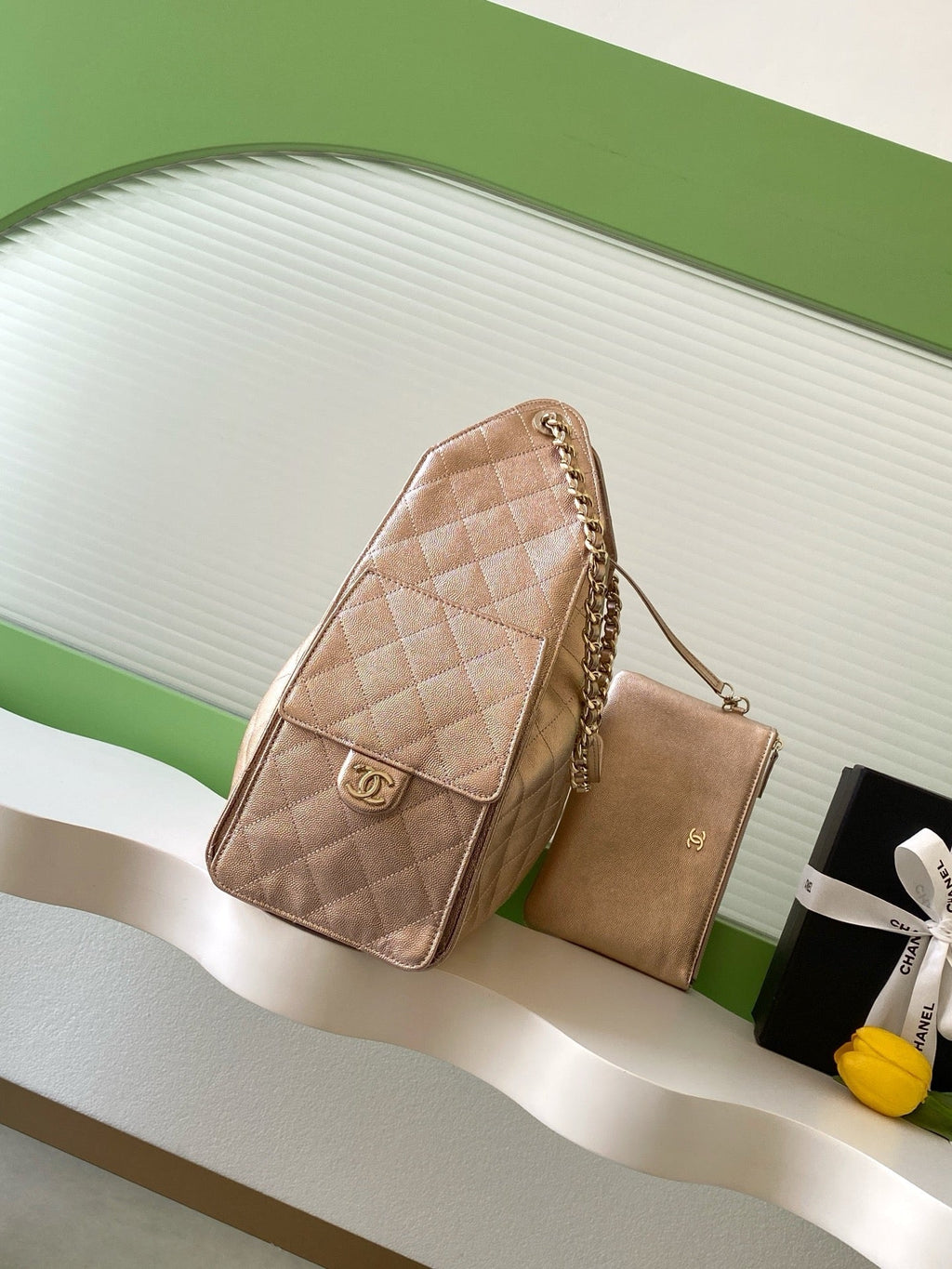 CHANEL 25S HOBO BAG 40 IN ROSE METALLIC CAVIAR