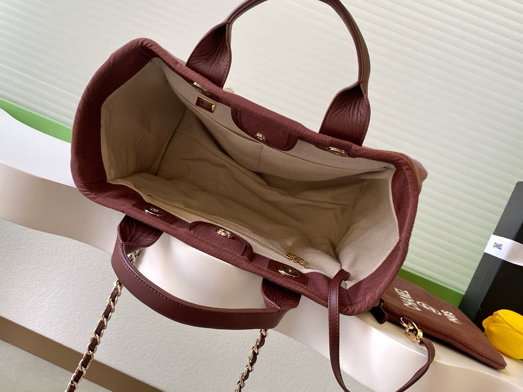 CHANEL 25S TOTE BAG 33 IN DARK RED CANVAS