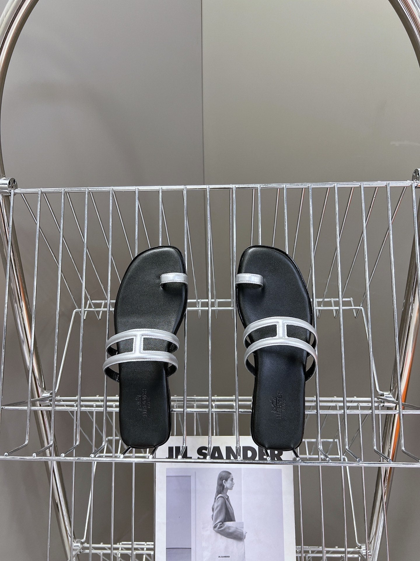 HERMES Georgia Sandals Silver Black Calfskin