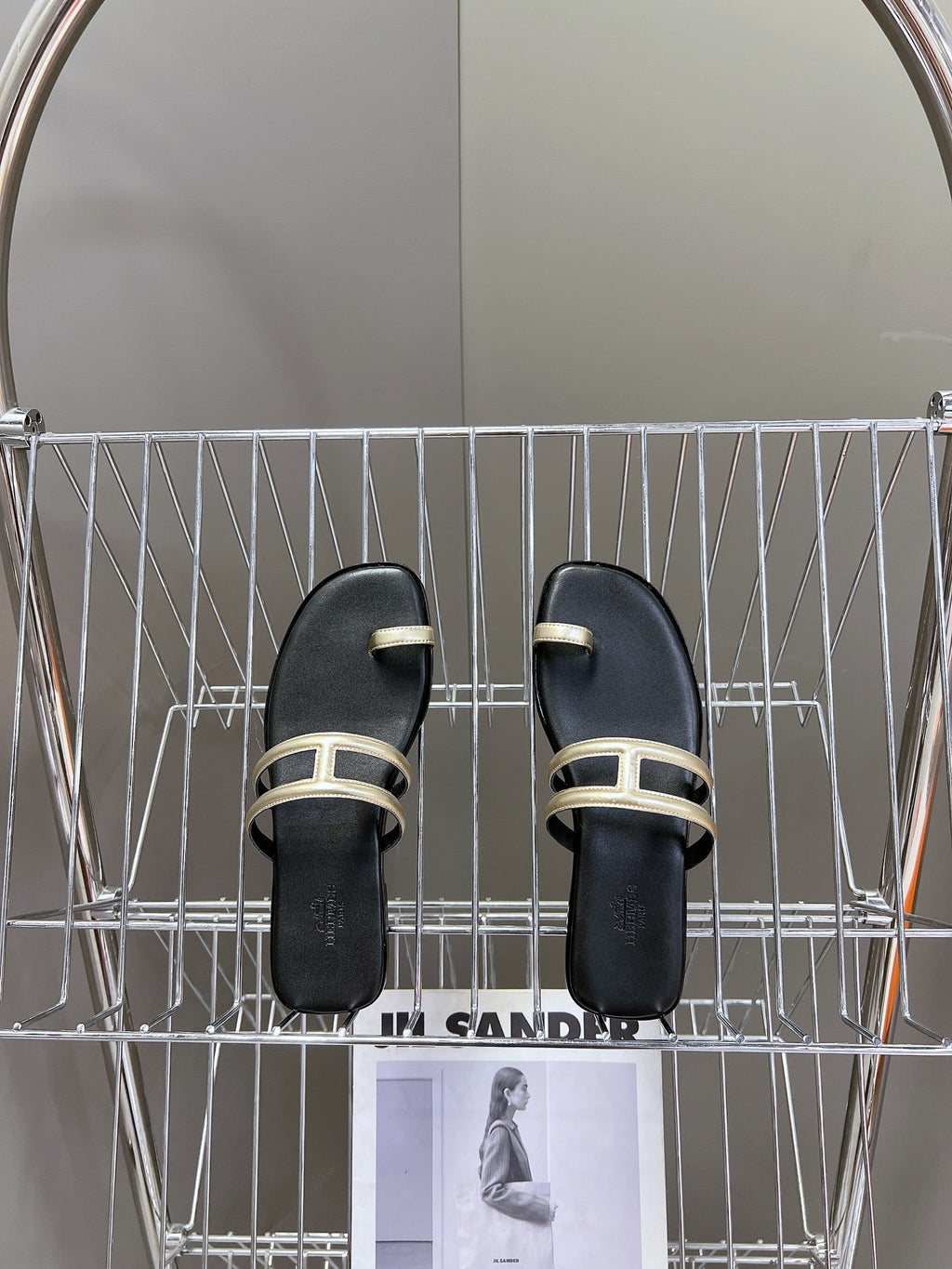 HERMES Georgia Sandals Gold Black Calfskin