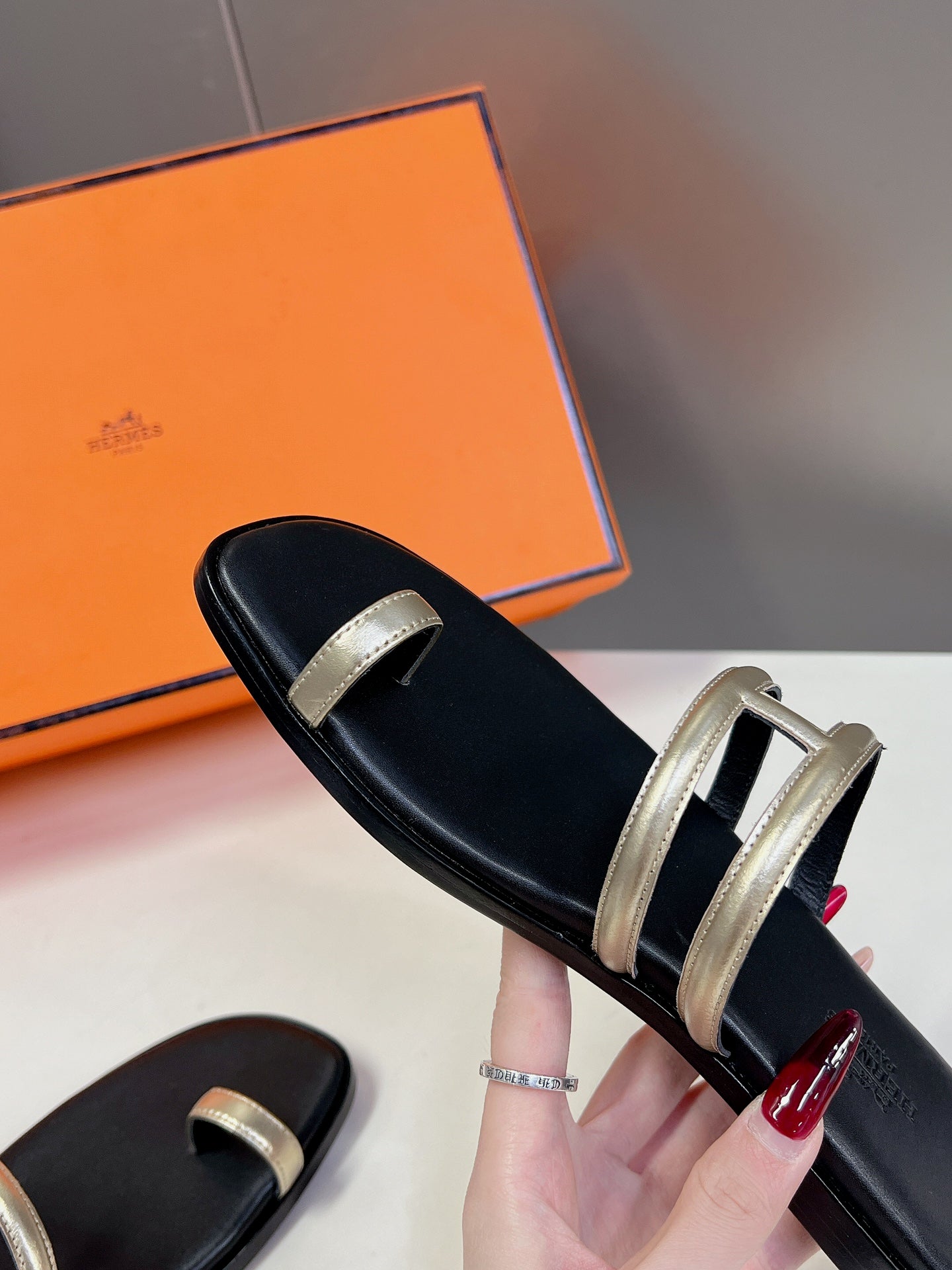 HERMES Georgia Sandals Gold Black Calfskin