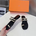 HERMES Georgia Sandals Gold Black Calfskin