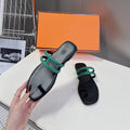HERMES Georgia Sandals Teal Suede Black Calfskin