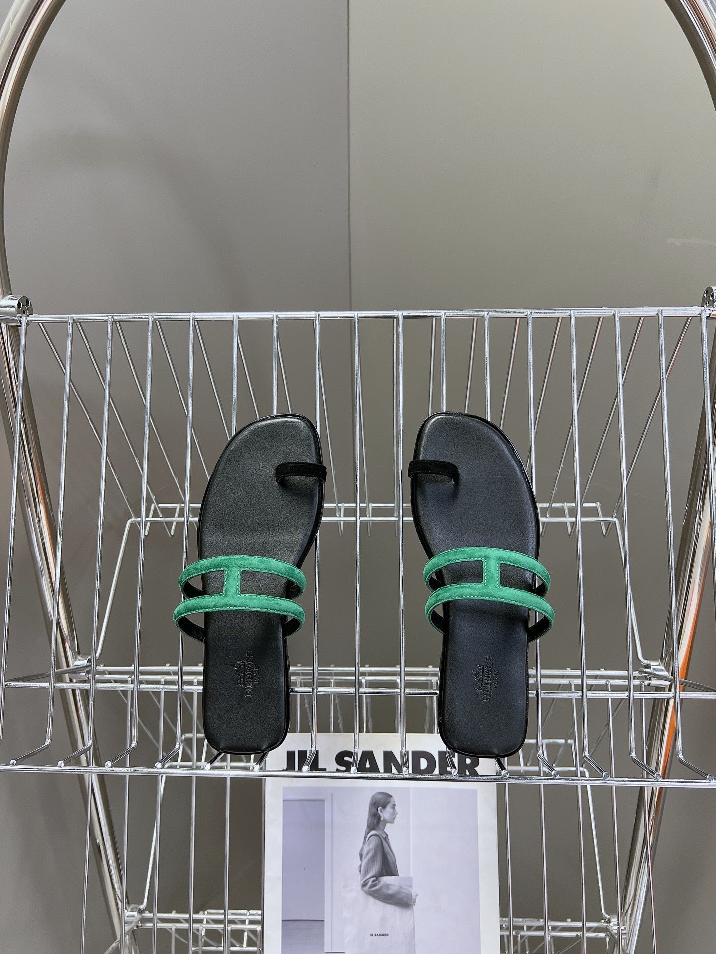 HERMES Georgia Sandals Teal Suede Black Calfskin