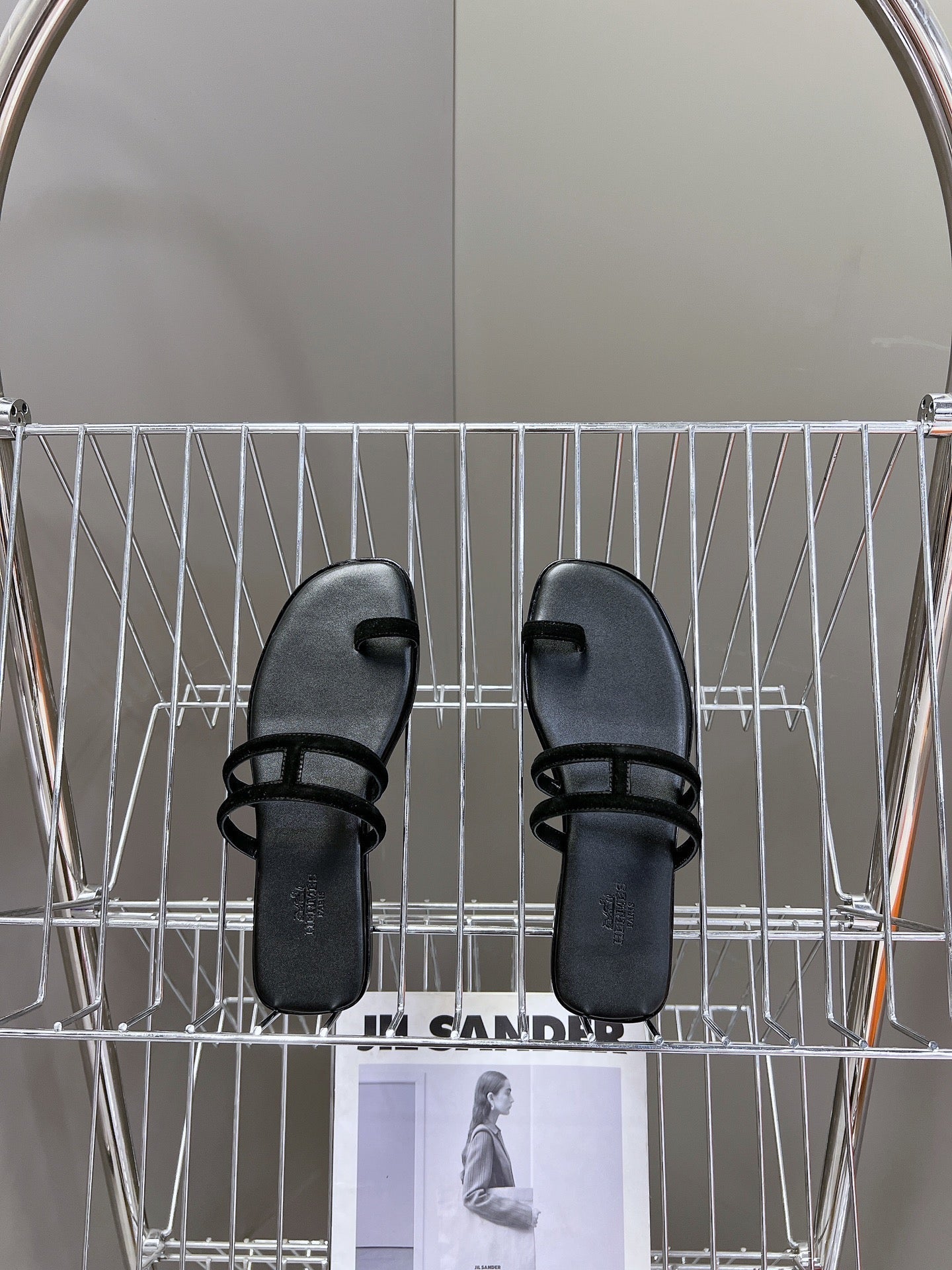 HERMES Georgia Sandals Black Suede Black Calfskin