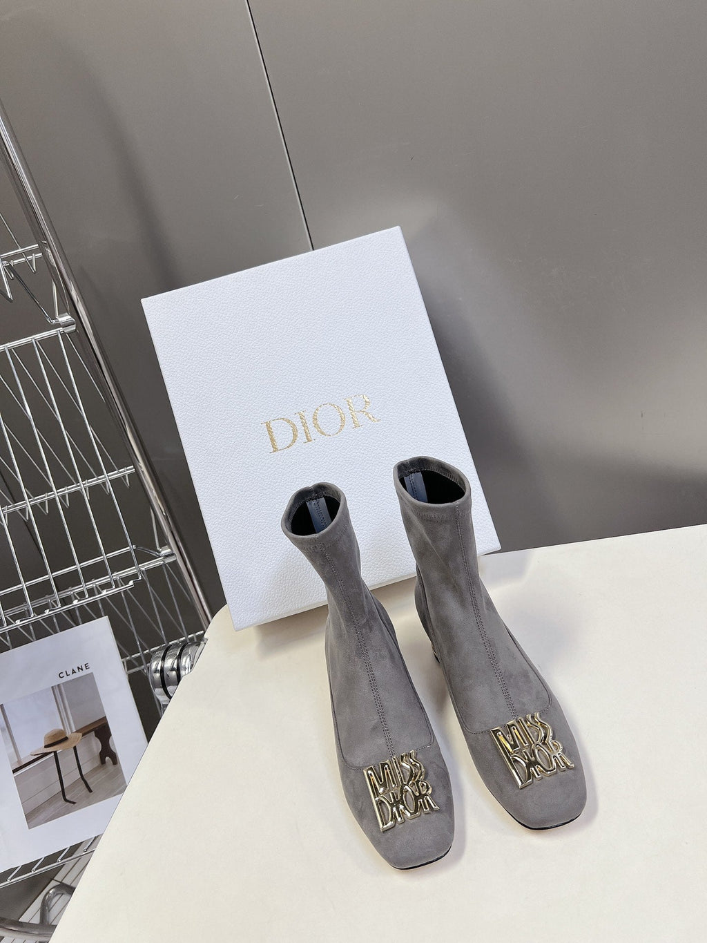 DIOR ICON HEELED ANKLE BOOT DOVE GRAY SUEDE 4 CM WITH GOLD LOGO