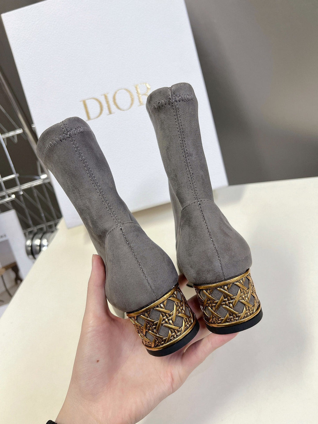 DIOR ICON HEELED ANKLE BOOT DOVE GRAY SUEDE 4 CM WITH GOLD LOGO