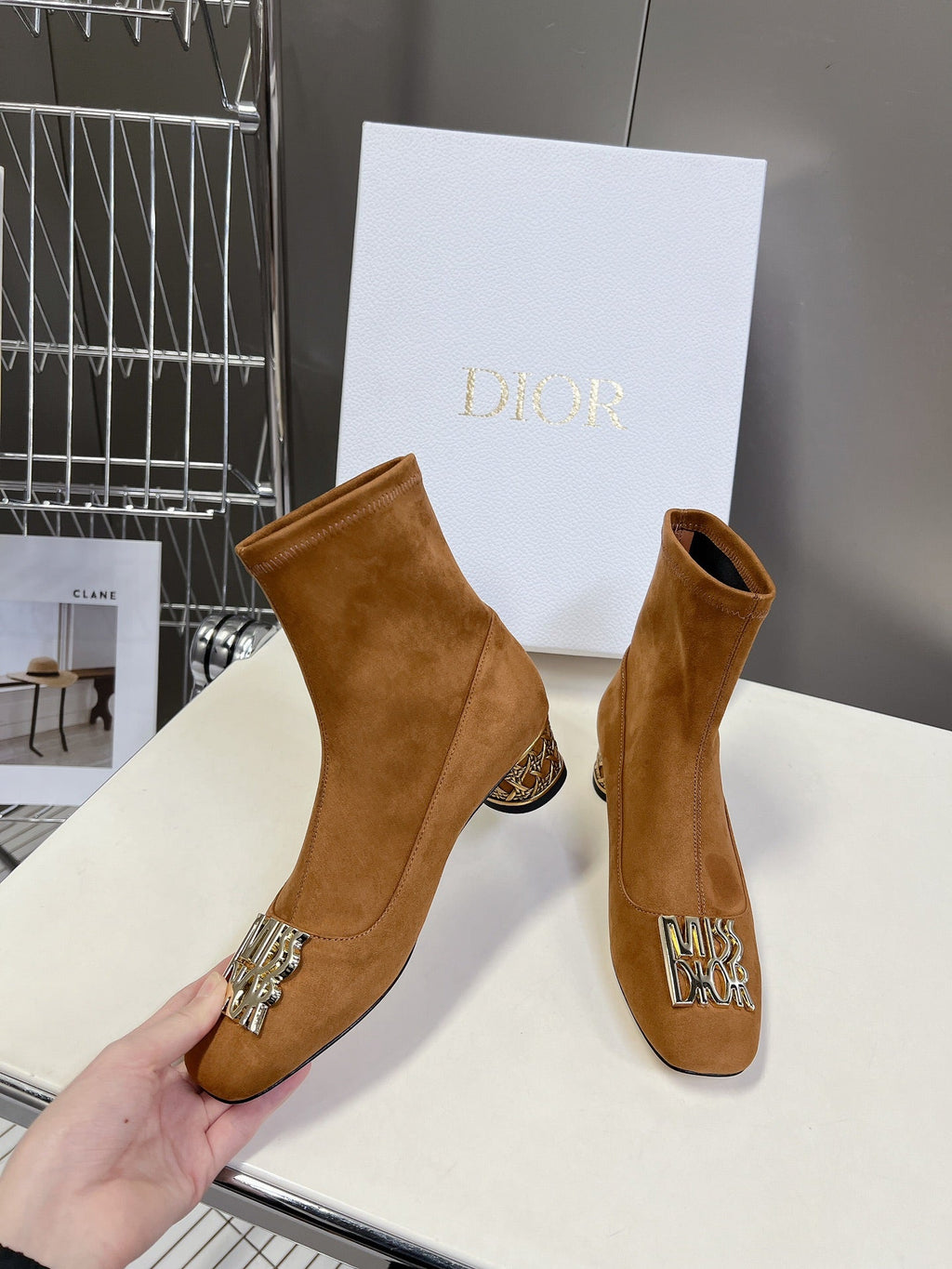 DIOR ICON HEELED ANKLE BOOT BRONZE BROWN SUEDE 4 CM WITH GOLD LOGO