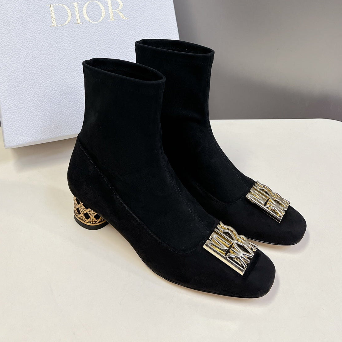 DIOR ICON HEELED ANKLE BOOT BLACK SUEDE 4 CM WITH GOLD LOGO