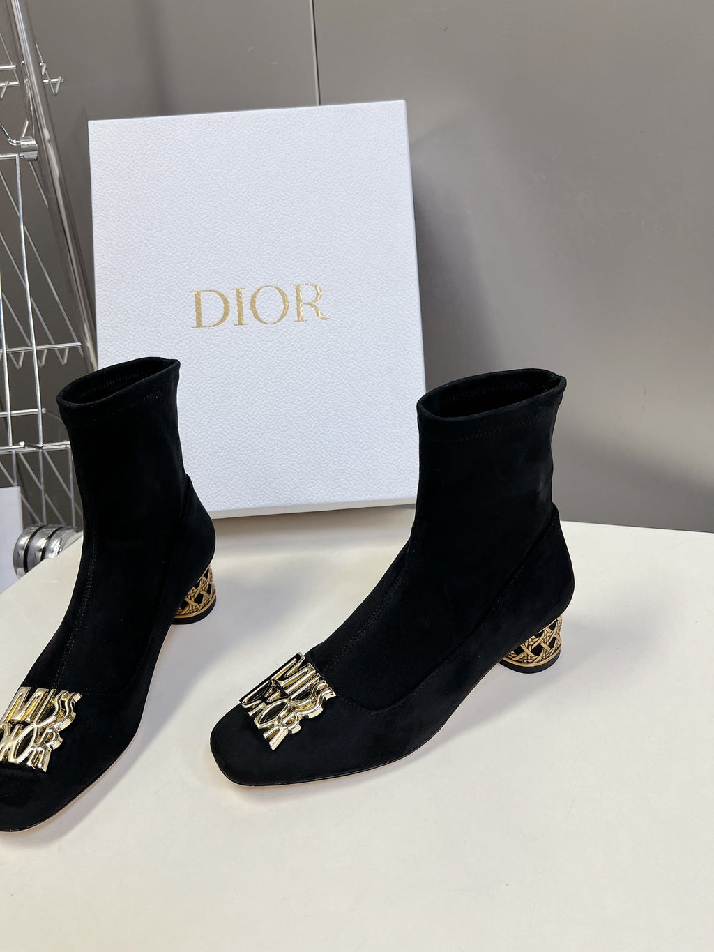 DIOR ICON HEELED ANKLE BOOT BLACK SUEDE 4 CM WITH GOLD LOGO