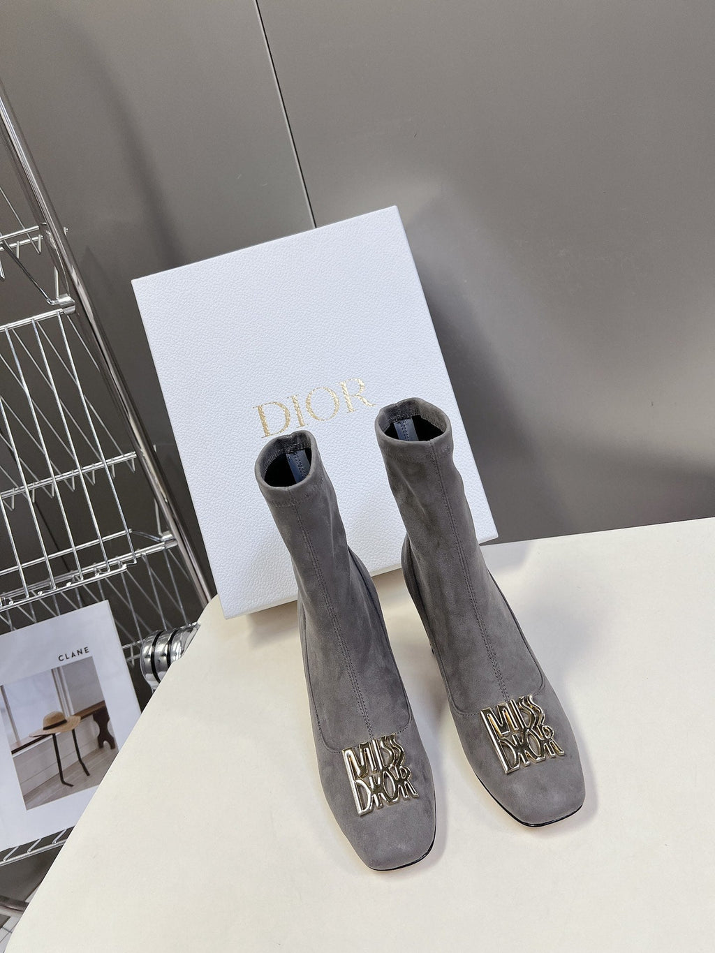DIOR ICON HEELED ANKLE BOOT DOVE GRAY SUEDE 8 CM WITH GOLD LOGO