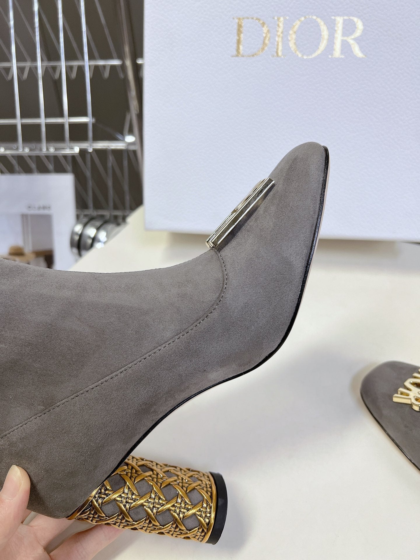 DIOR ICON HEELED ANKLE BOOT DOVE GRAY SUEDE 8 CM WITH GOLD LOGO