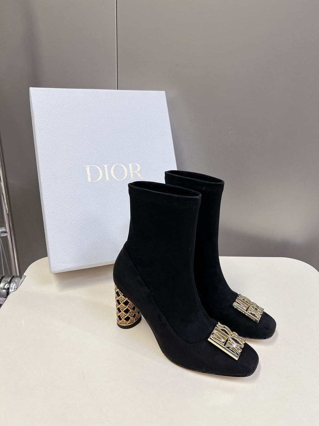 DIOR ICON HEELED ANKLE BOOT BLACK SUEDE 8 CM WITH GOLD LOGO