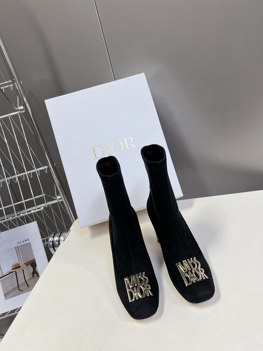 DIOR ICON HEELED ANKLE BOOT BLACK SUEDE 8 CM WITH GOLD LOGO