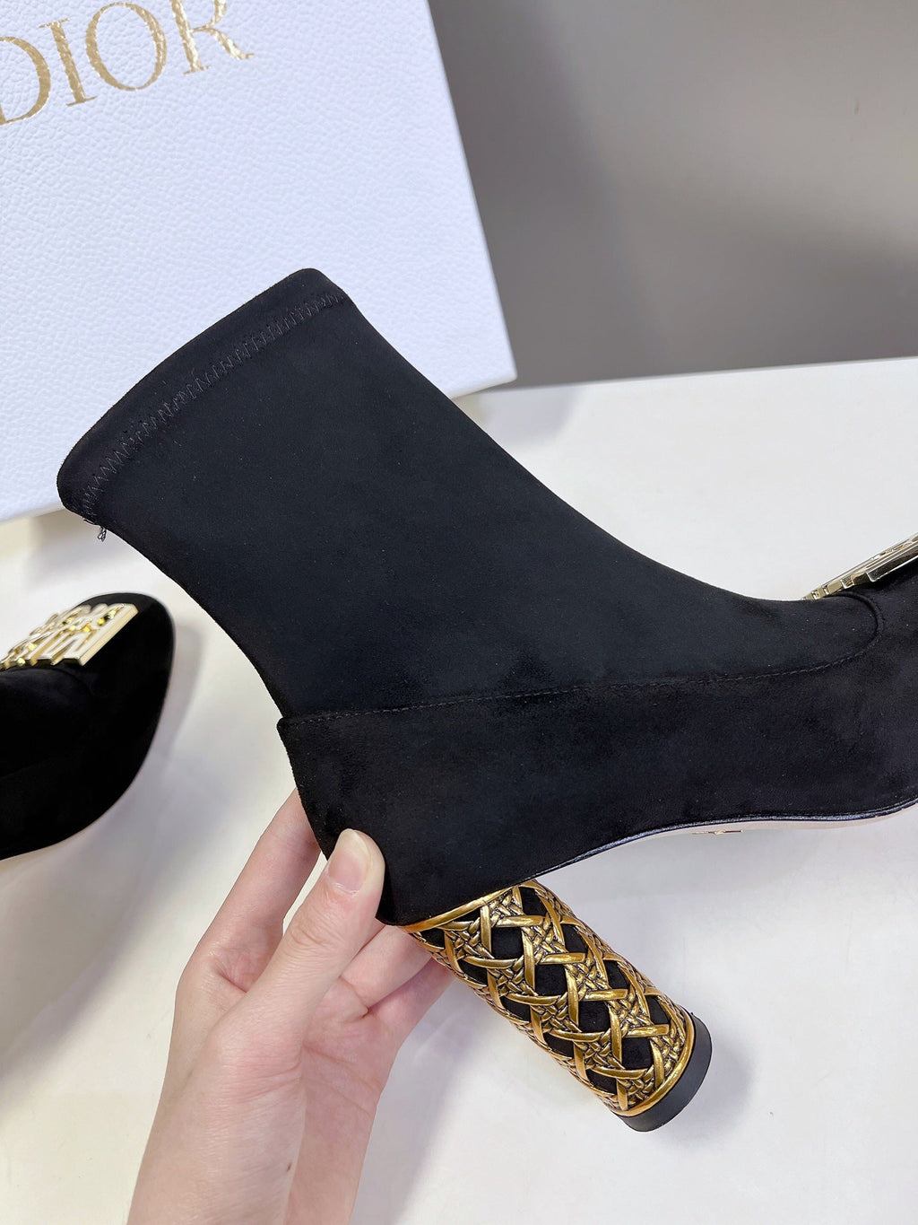 DIOR ICON HEELED ANKLE BOOT BLACK SUEDE 8 CM WITH GOLD LOGO