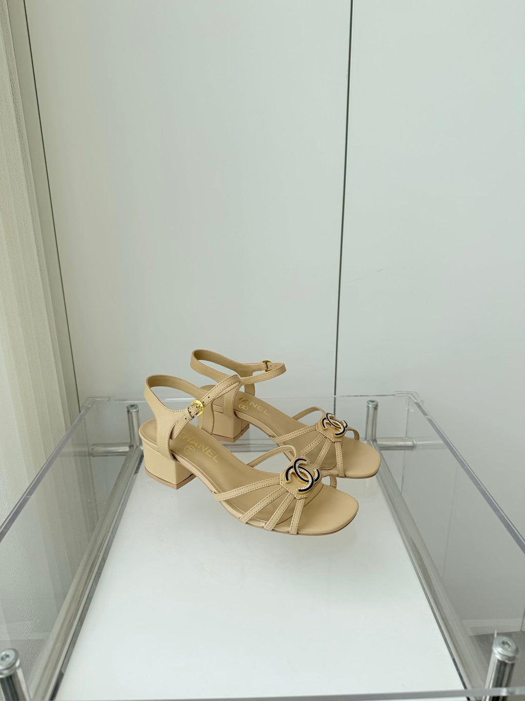 CHANEL MID HEEL SANDALS IN FLAX YELLOW LAMBSKIN