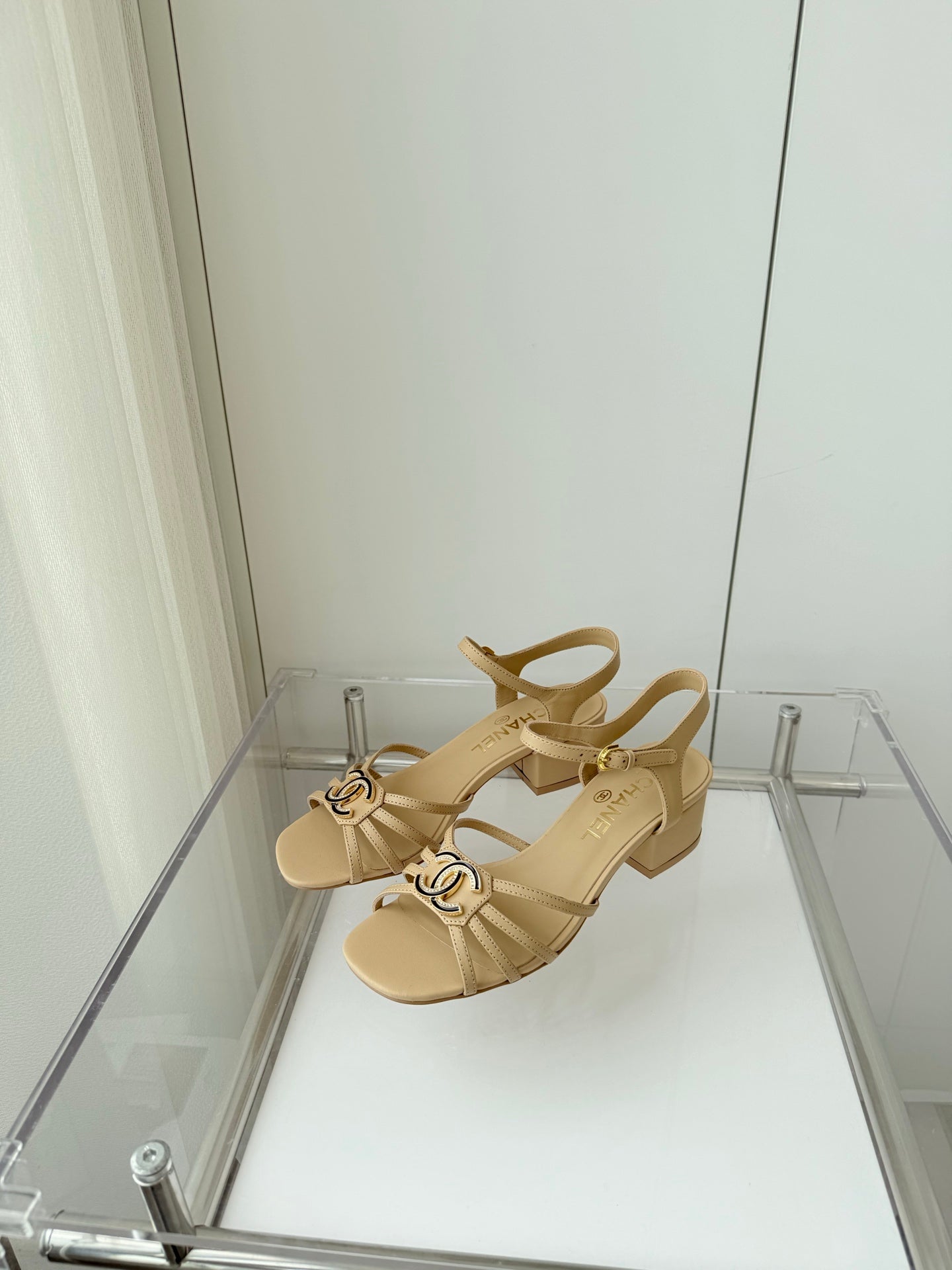 CHANEL MID HEEL SANDALS IN FLAX YELLOW LAMBSKIN