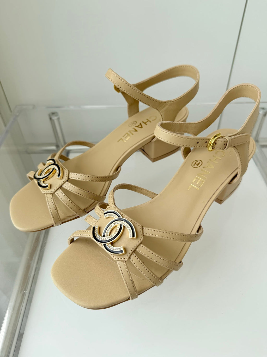 CHANEL MID HEEL SANDALS IN FLAX YELLOW LAMBSKIN