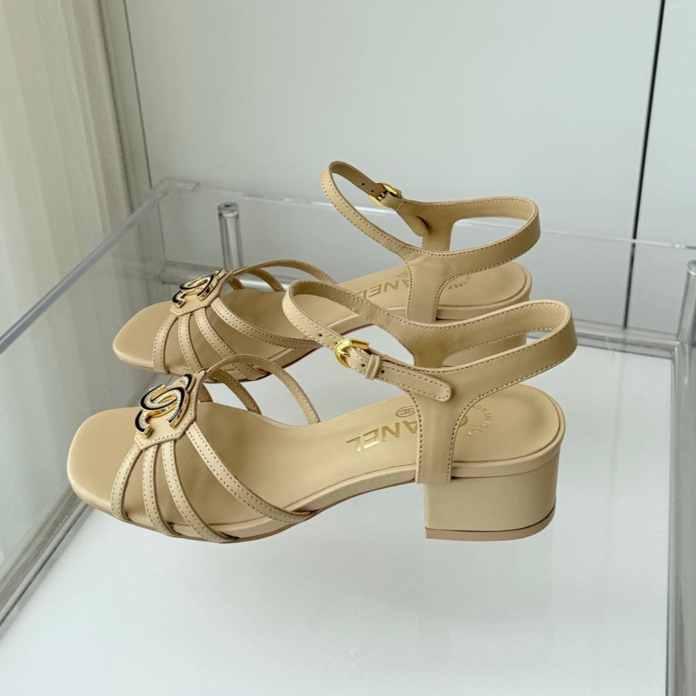 CHANEL MID HEEL SANDALS IN FLAX YELLOW LAMBSKIN