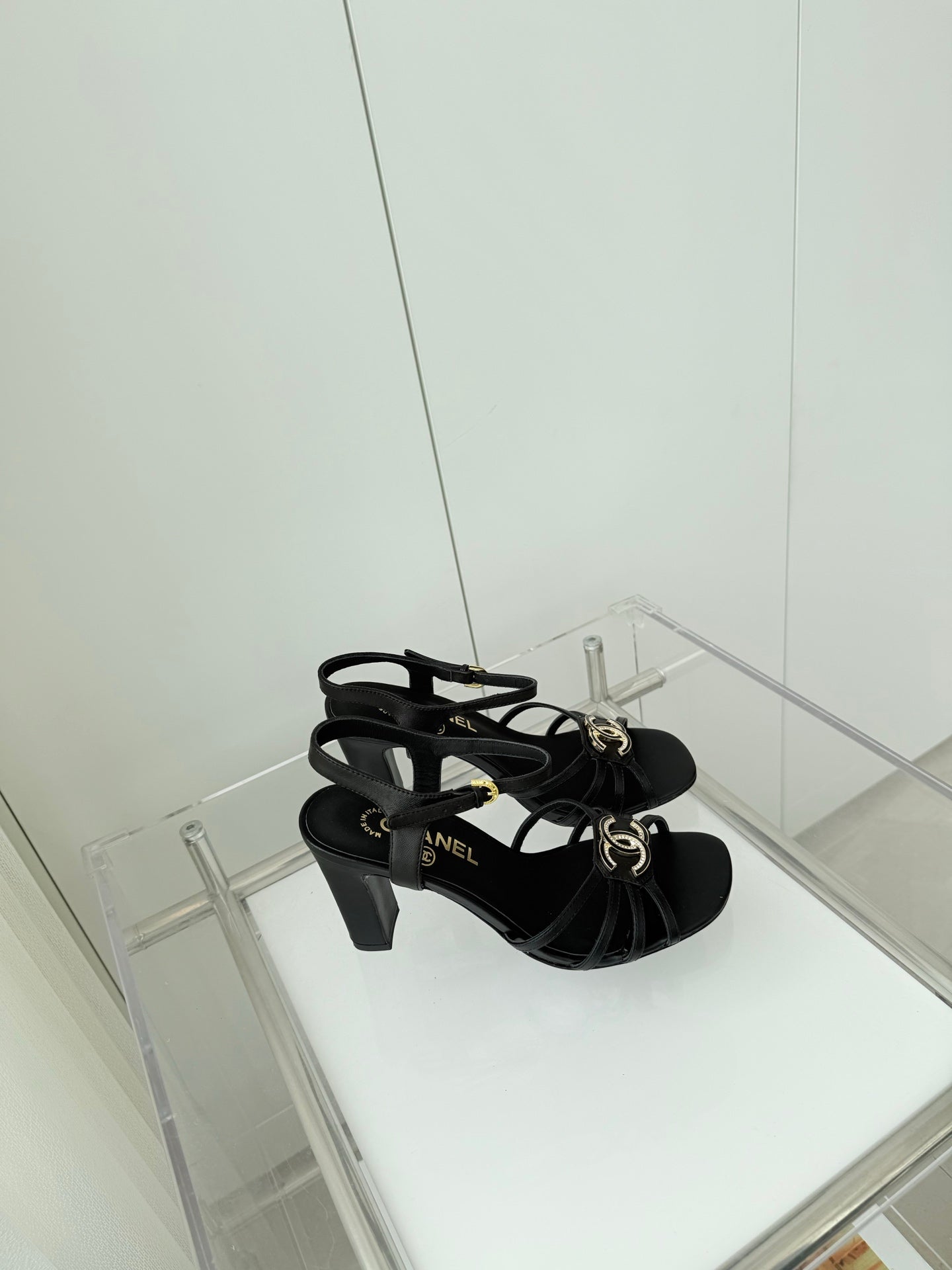 CHANEL HIGH HEEL SANDALS 85 MM IN BLACK LAMBSKIN