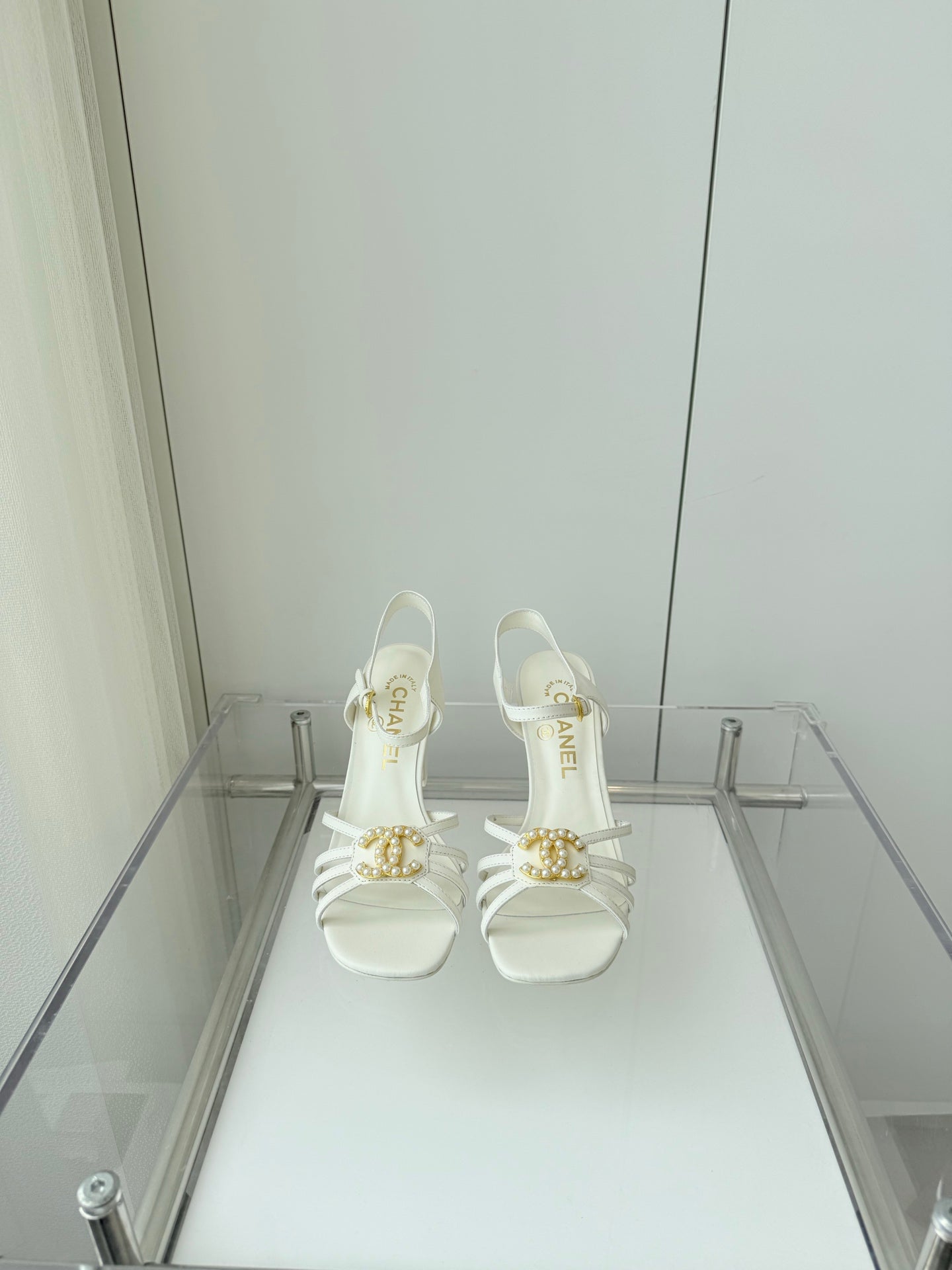 CHANEL HIGH HEEL SANDALS 85 MM IN WHITE LAMBSKIN
