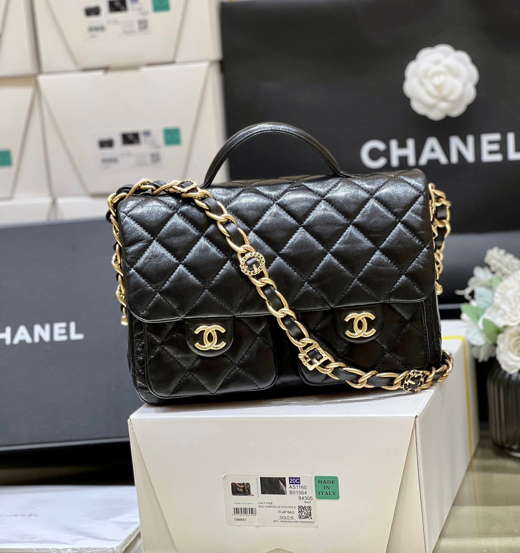 CHANEL DOUBLE POCKETS FLAP BAG TOP HANDLE 24 IN BLACK LAMBSKIN GOLD HARDWARE