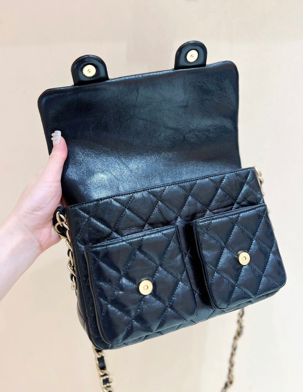 CHANEL DOUBLE POCKETS FLAP BAG TOP HANDLE 24 IN BLACK LAMBSKIN GOLD HARDWARE