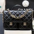 CHANEL DOUBLE POCKETS FLAP BAG TOP HANDLE 24 IN BLACK LAMBSKIN GOLD HARDWARE