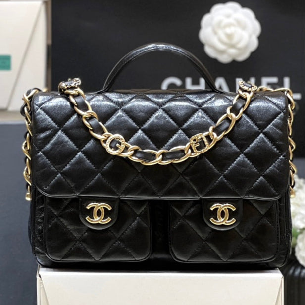 CHANEL DOUBLE POCKETS FLAP BAG TOP HANDLE 24 IN BLACK LAMBSKIN GOLD HARDWARE