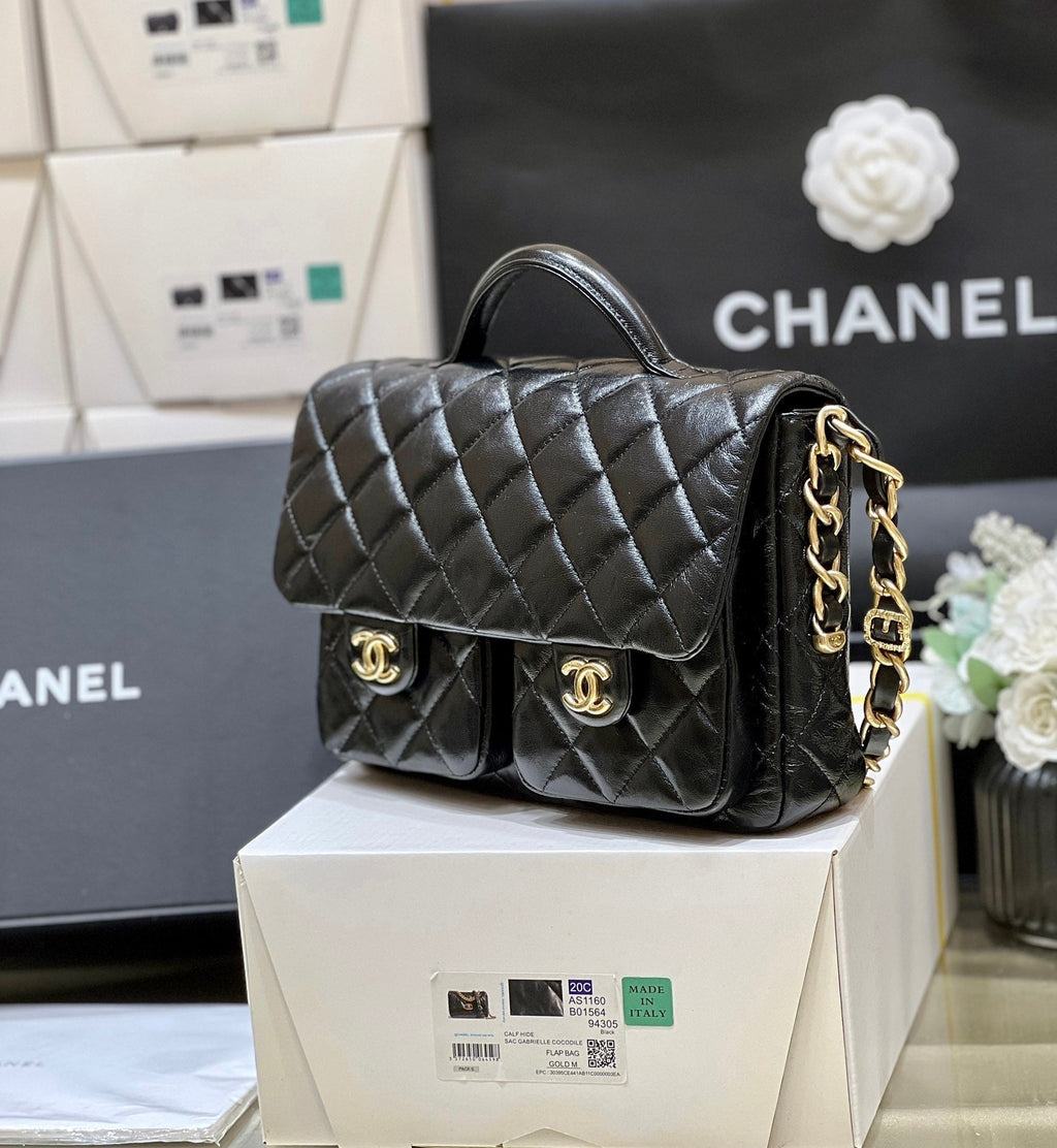 CHANEL DOUBLE POCKETS FLAP BAG TOP HANDLE 24 IN BLACK LAMBSKIN GOLD HARDWARE