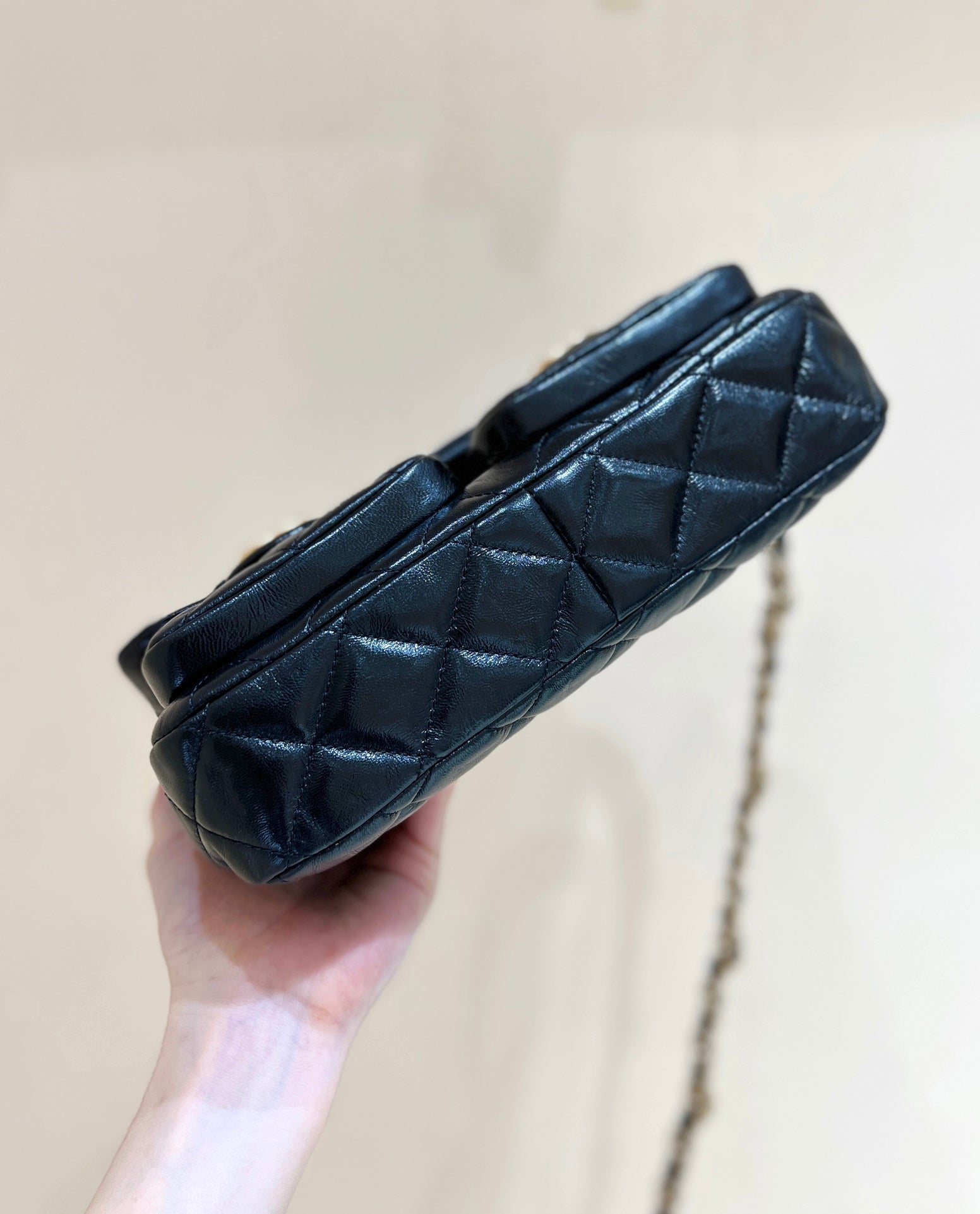 CHANEL DOUBLE POCKETS FLAP BAG TOP HANDLE 24 IN BLACK LAMBSKIN GOLD HARDWARE